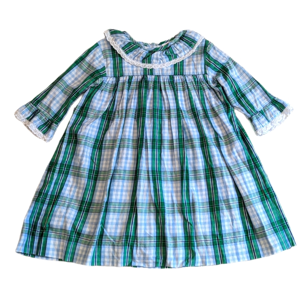 Shrimp & Grits Blue & Green Plaid Dress with Lace Trim Sz 5